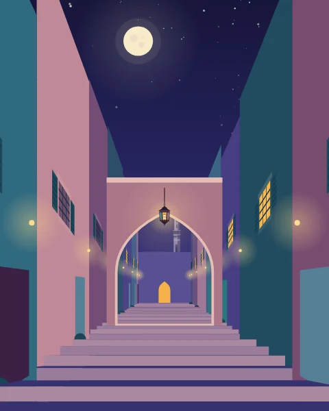 A stepped lane climbs between painted walls with lamps and potted plants, under an arch towards a lit door and a minaret at the top.