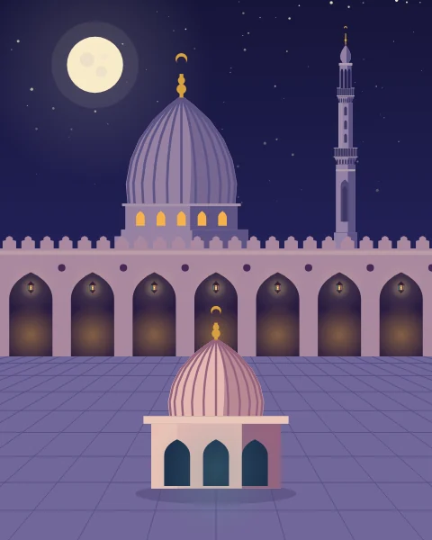 A paved mosque courtyard at night, with a domed ablution fountain in front of a lantern-lit arcade, a great dome and a minaret behind.