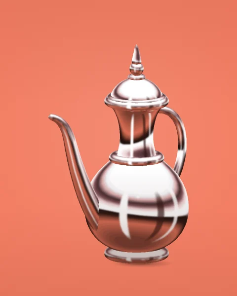 A dallah coffee pot in glossy chrome, turned three-quarters to show its long beak spout, ringed neck and tall finial lid, on a warm coral ground.