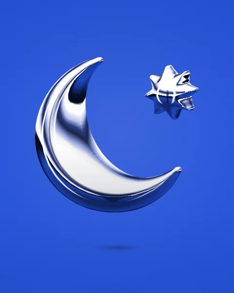 A puffy chrome crescent moon floats beside a small eight-pointed star on a deep cobalt ground, both mirroring the blue around them.