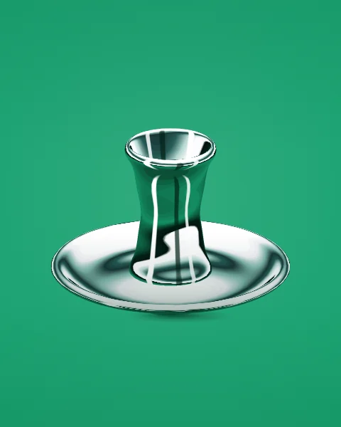A waisted tea glass on its saucer, both in polished chrome, on an emerald green ground.