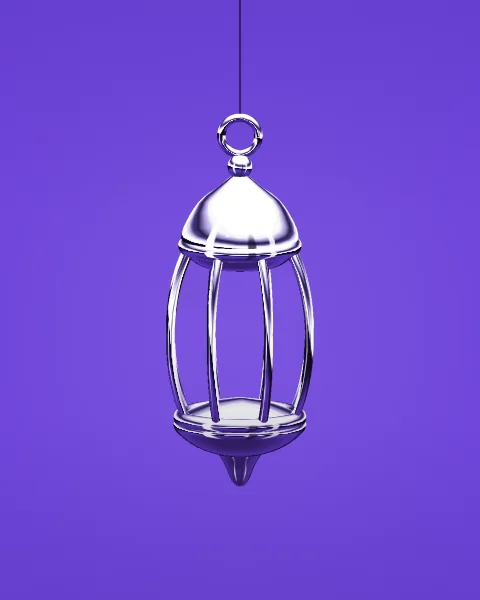 A chrome lantern with a domed cap and a cage of curved bars hangs from a fine cord on a deep violet ground.