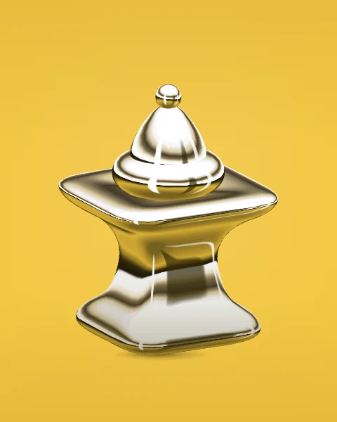 A square-footed chrome mabkhara with a round bowl and domed lid, seen from a three-quarter angle on a lemon yellow ground.