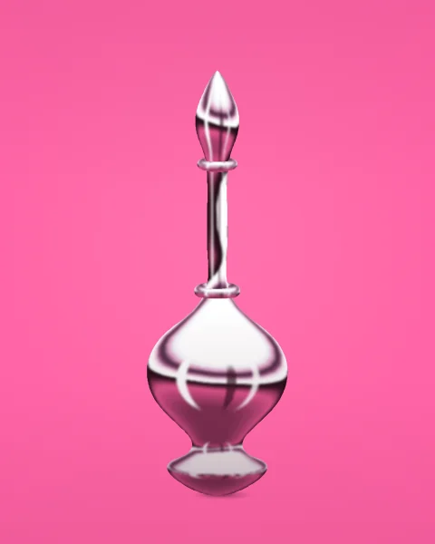A tall rosewater sprinkler in chrome, with a round body, a long slender neck and a bud-shaped top, on a bright pink ground.