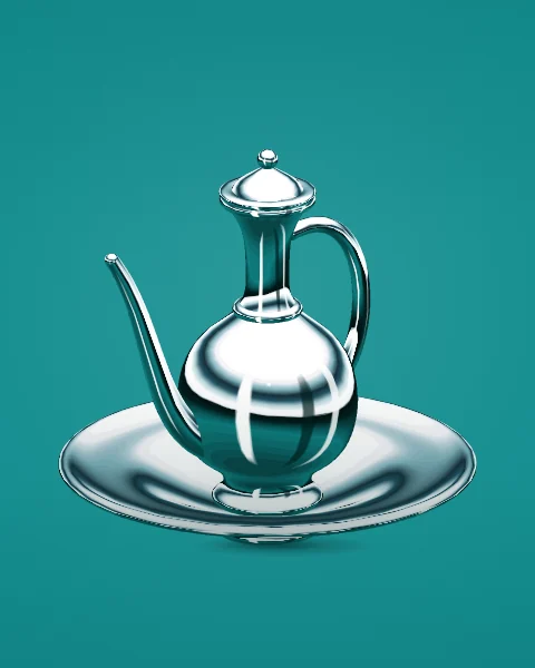 A chrome ewer with a long curving spout stands in a wide shallow basin, on a deep teal ground.