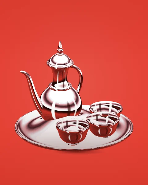 A dallah and three finjans set out on a round chrome tray, seen from slightly above on a tomato red ground.