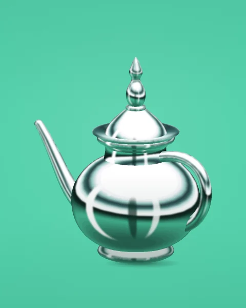 A Moroccan teapot in chrome, with a round belly, a tall pointed lid and a slender spout, on a fresh mint ground.