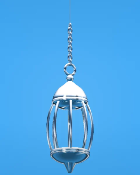 A chrome lantern hangs from a short chain of linked rings, seen from slightly below and turned three-quarters, on a sky blue ground.