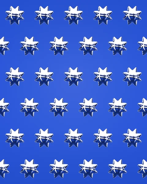 Rows of small chrome eight-pointed stars repeat across a deep cobalt ground in an offset grid.