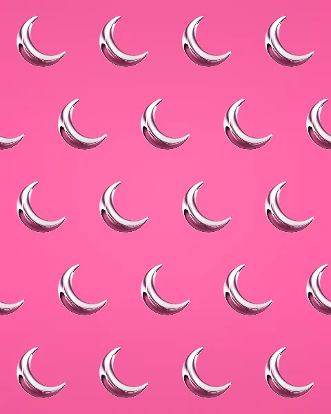 Small chrome crescent moons repeat in offset rows across a hot pink ground.