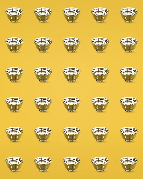 Rows of small chrome coffee cups line up across a lemon yellow ground like a cupboard of cups.
