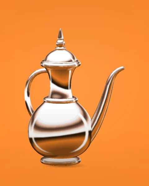A chrome dallah seen almost side-on, its long spout reaching to the right, on a tangerine ground.