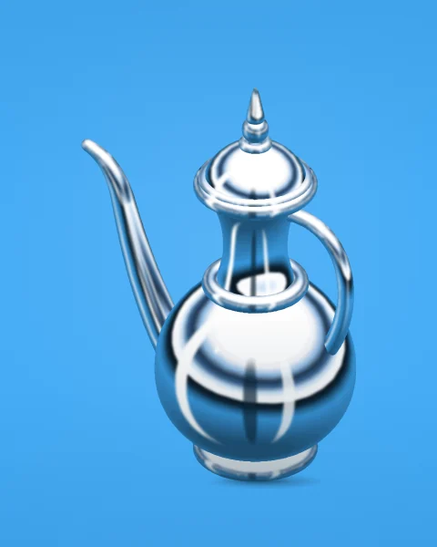 A chrome dallah seen from a higher angle, showing the domed lid and the curve of its body, on a sky blue ground.