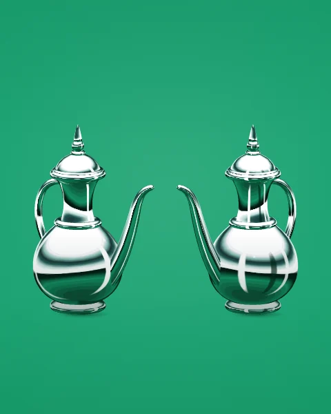 Two chrome dallahs stand facing each other, spouts turned inwards, on an emerald green ground.