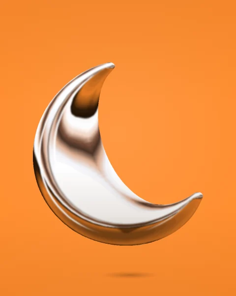 A large chrome crescent moon turns slightly towards the viewer, its rounded edges catching light, on a tangerine ground.