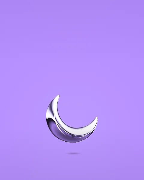 A chrome crescent rests low in the frame on a soft lilac ground, with open space above it.