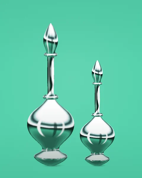 Two chrome rosewater sprinklers, one taller than the other, stand together on a mint green ground.