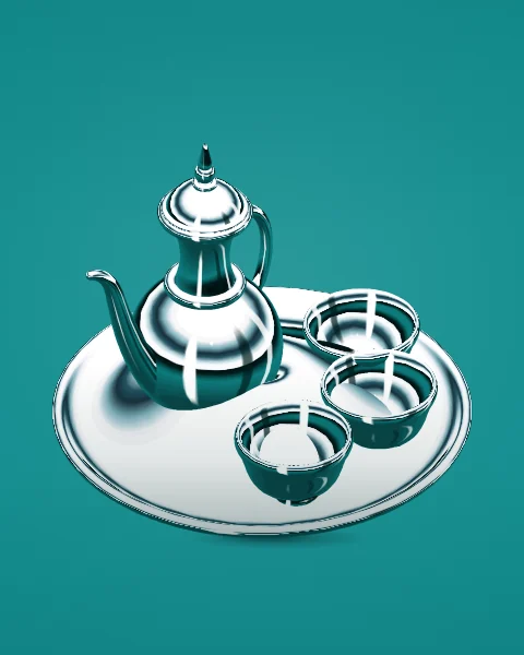 A round chrome tray with a dallah and three cups, seen from above on a deep teal ground.