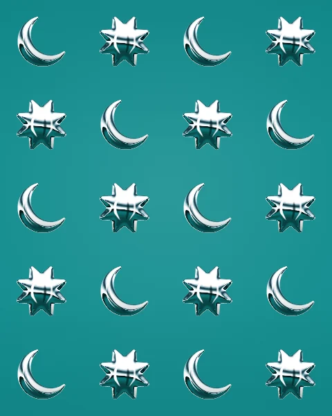 Chrome crescents and eight-pointed stars alternate in a repeating grid on a teal ground.