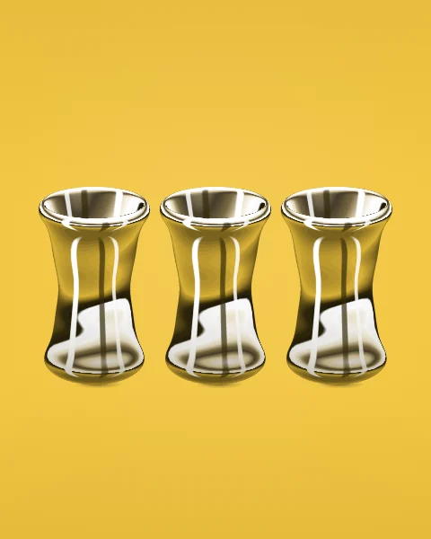 A row of chrome tea glasses without saucers stands in a line on a lemon yellow ground.