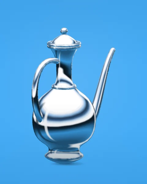 A chrome ewer seen from the other side, its handle towards the viewer and its long spout curving away, on a sky blue ground.