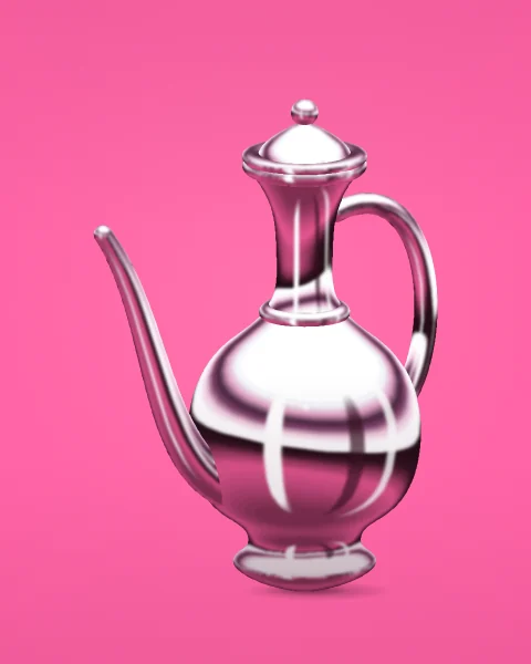 A tall chrome ewer with a lid, a long S-shaped spout and an arched handle, on a hot pink ground.