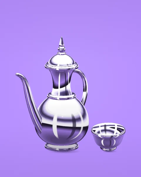 A chrome dallah stands beside a single finjan, ready to pour, on a lilac ground.