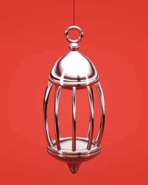A single chrome lantern fills the frame on a tomato red ground, its curved bars and domed cap reflecting the red.