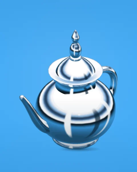 A chrome Moroccan teapot seen from a high angle, its pointed lid and round belly catching bands of light, on a sky blue ground.