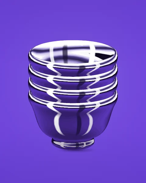 Four chrome finjans are nested one inside another in a neat stack, on a violet ground.