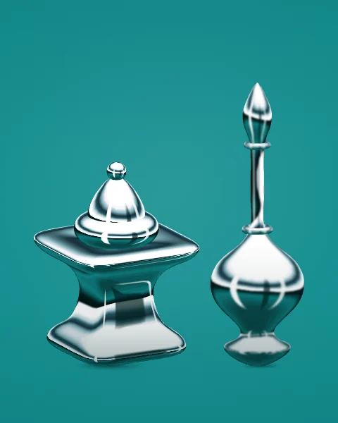A chrome incense burner and a rosewater sprinkler stand side by side on a teal ground.