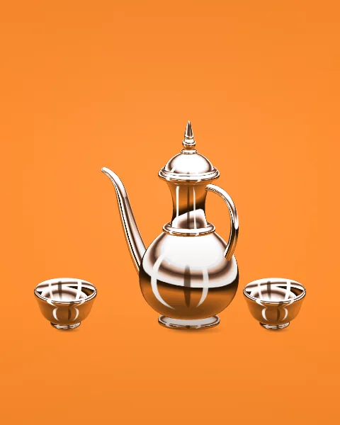 A chrome dallah stands between two finjans on a tangerine ground, ready for guests.