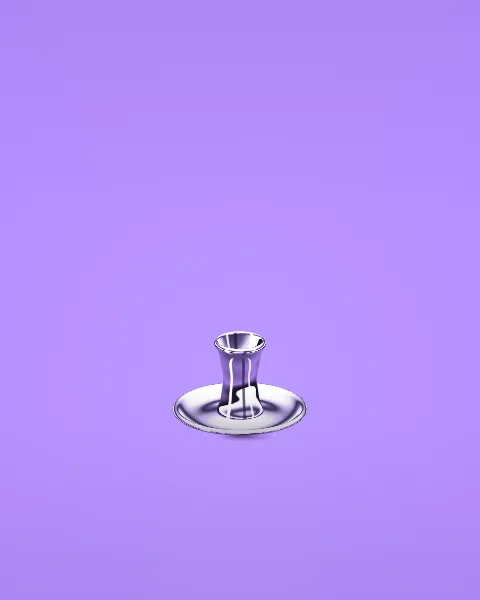 A single chrome tea glass on its saucer sits small and low on a quiet lilac ground.
