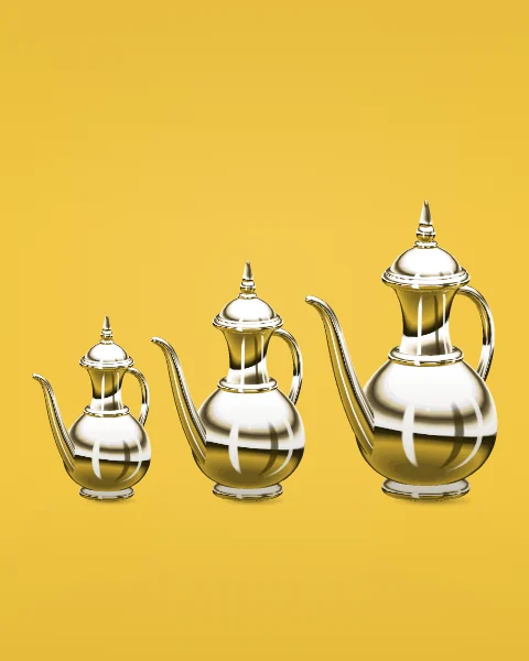 Three chrome dallahs of graded sizes stand in a row on a lemon yellow ground.