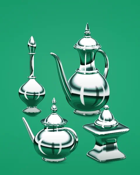 A dallah, a Moroccan teapot, a rosewater sprinkler and an incense burner stand together on an emerald ground.