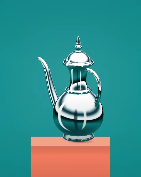 A chrome dallah stands on a raised coral block against a deep teal ground.
