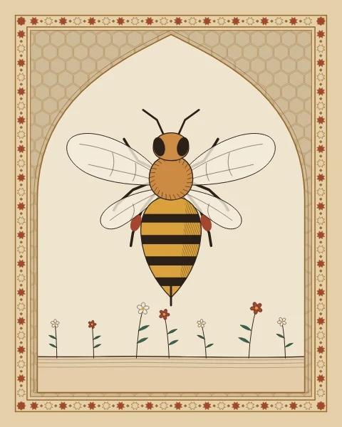 A honeybee drawn from above, wings open, inside a pointed arch with a honeycomb field and a fine star border.