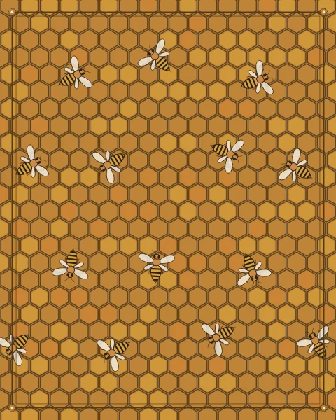A field of honeycomb, some cells brimming with amber honey, with worker bees spread across it.
