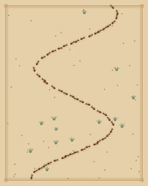 A long procession of ants winding across a parchment ground among scattered seeds and small grasses.