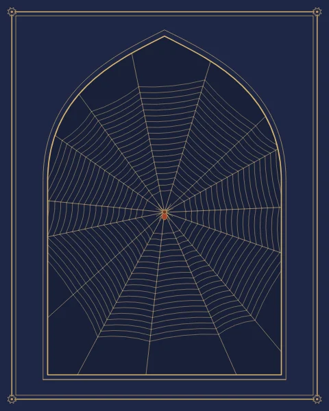 An orb web drawn in fine gold lines inside a pointed arch on deep indigo, a small spider resting at its centre.