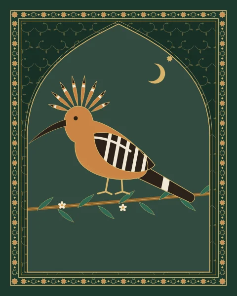 A hoopoe with its crest raised, perched on a flowering branch inside a pointed arch framed with arabesque scrolls on deep green.