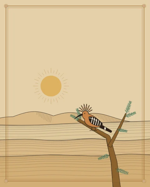 A hoopoe perched in a bare desert tree in the foreground of a wide plain, with far hills and a low sun.