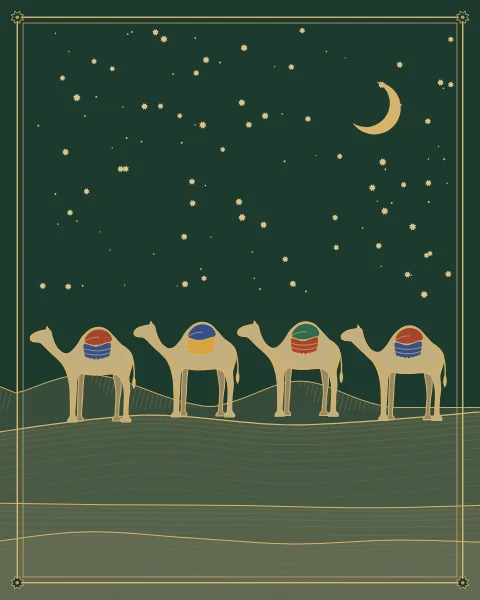 A line of laden camels walking along the crest of a dune at night, saddle cloths in carnelian and lapis, under a crescent moon and stars.