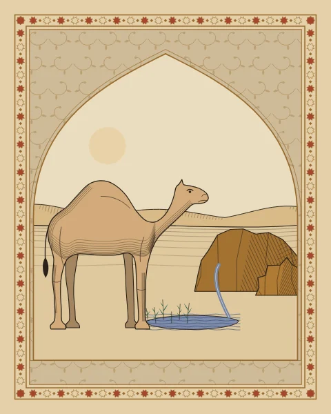 A she-camel standing beside a spring that runs from a rock into a small pool, low hills and a pale sun behind.