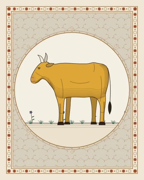 A saffron-yellow cow drawn in profile inside a lobed medallion on a pale star-lattice ground with a geometric border.