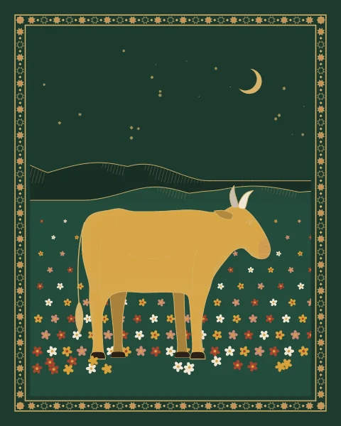 A golden cow standing in a meadow of small jewel-coloured flowers against deep green, dark hills behind.