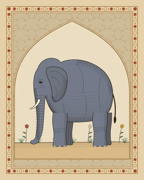 An elephant in profile, trunk lowered, standing in a pointed arch with arabesque spandrels and a border of eight-point stars.