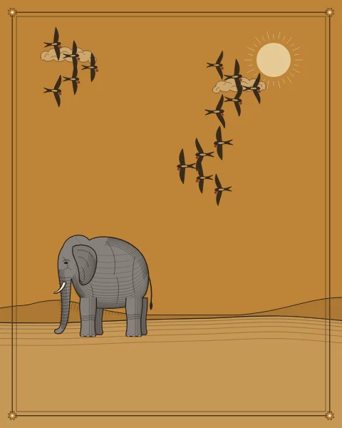 A lone elephant on a plain under a wide sky crossed by flocks of small birds, each carrying a pebble.