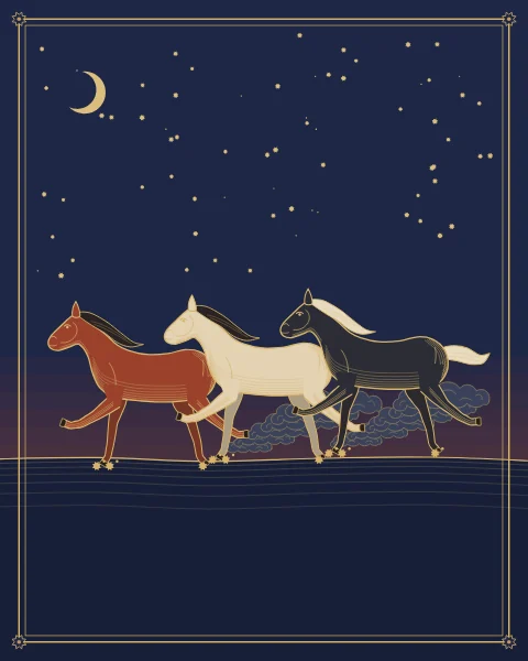 Three horses at full gallop in a frieze across deep indigo, dust rising behind them and sparks struck from their hooves as the sky turns towards dawn.