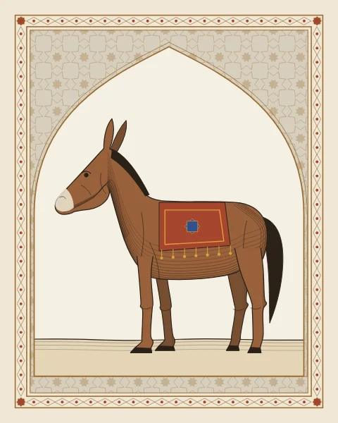 A mule in a saddle cloth with tassels, standing in a pointed arch over a lattice ground with a lozenge border.